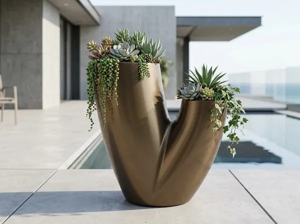 Villa terasında sukulentli bronz ikiz saksı
