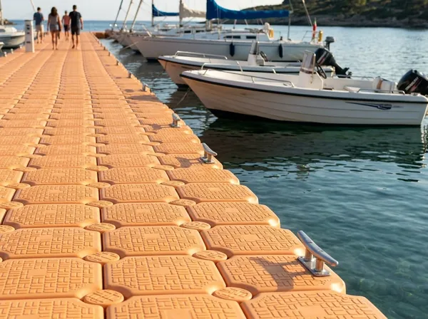 Marinada plastik dubalardan modüler yüzer iskele ve tekneler