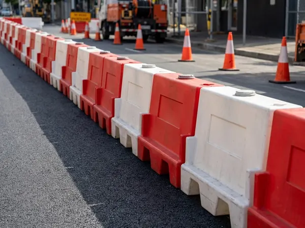 Kırmızı-beyaz plastik yol bariyerleri ile yol çalışmasında şerit ayırma
