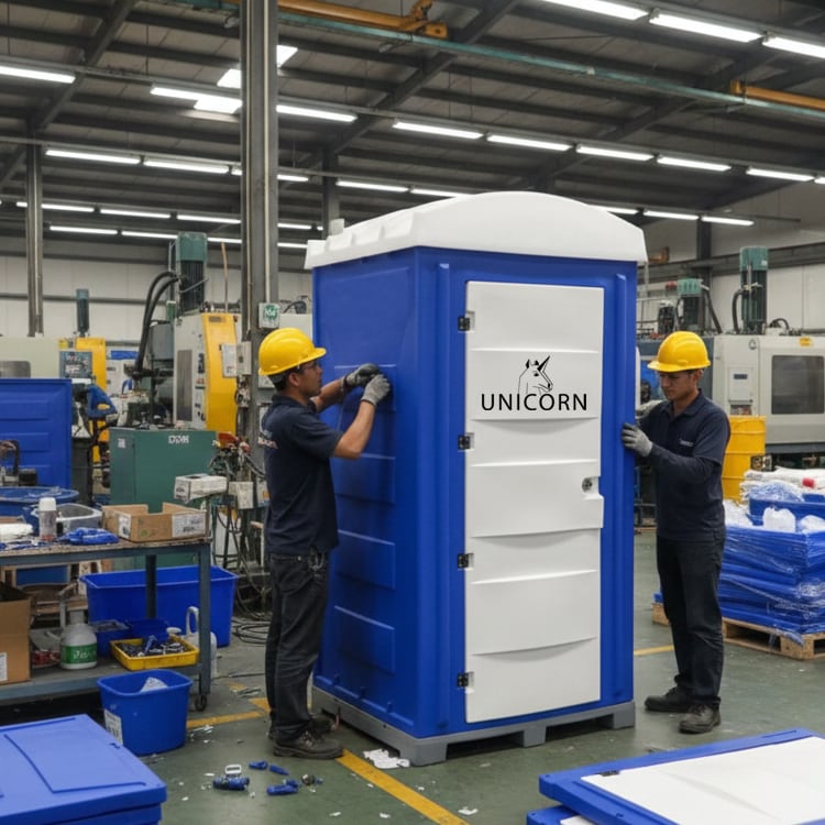 UNI-2020 polietilen mobil tuvalet Unicorn fabrikasında üretim ve montaj